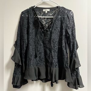 Neiman Marcus Black Lace w/ Ruffle Trim Sleeves and Front Tie Size Small